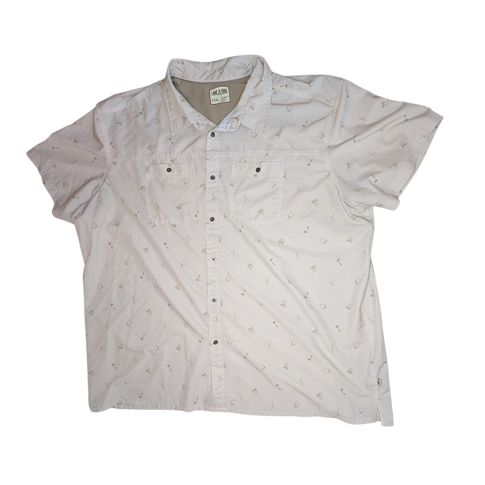 Lake‎ & Trail Mens XXXL Short Sleeve Button Up Outdoor Shirt Tan Camping Print